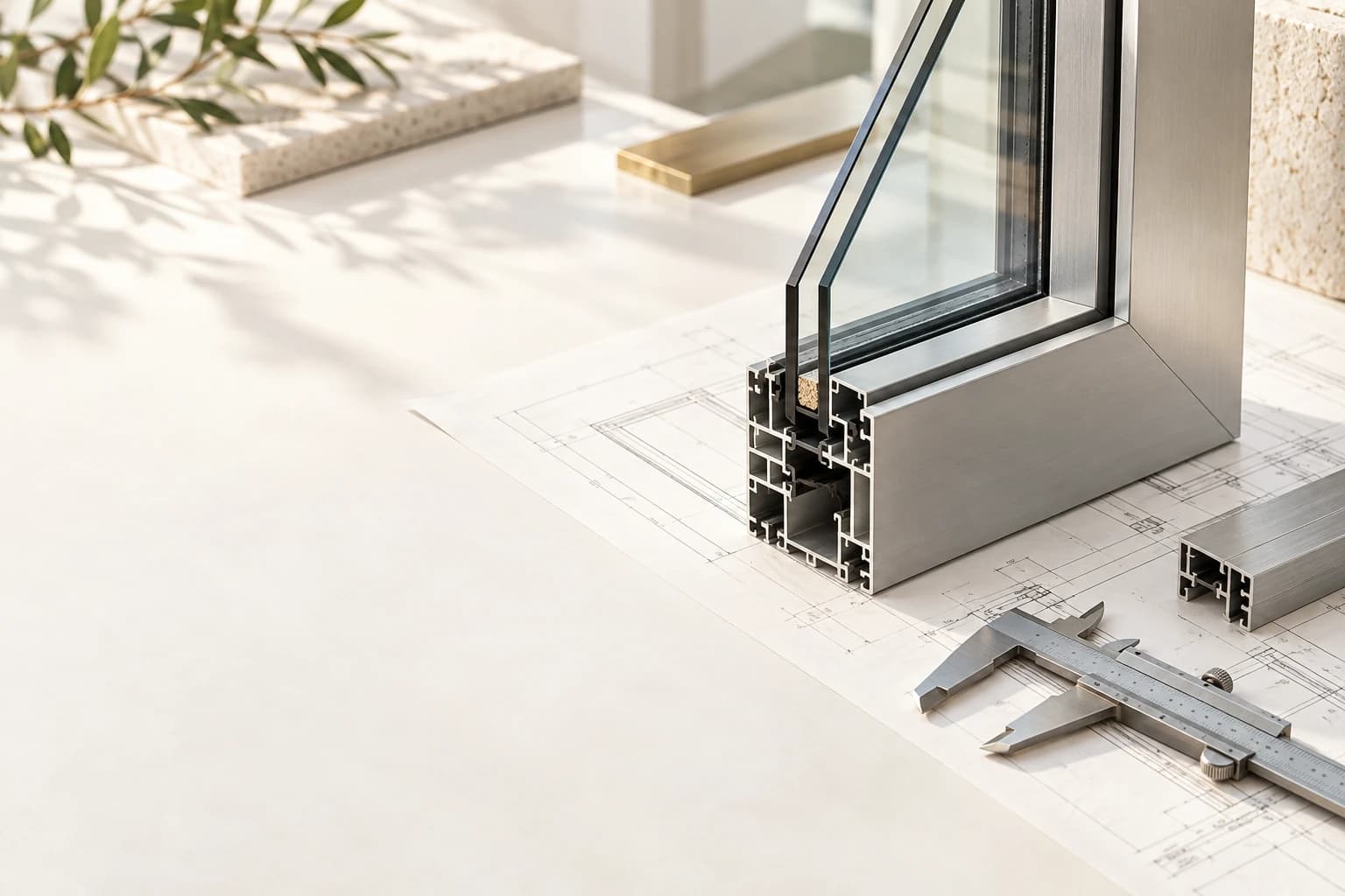 Abstract illustration of aluminium profiles, glazing, and connected pricing data