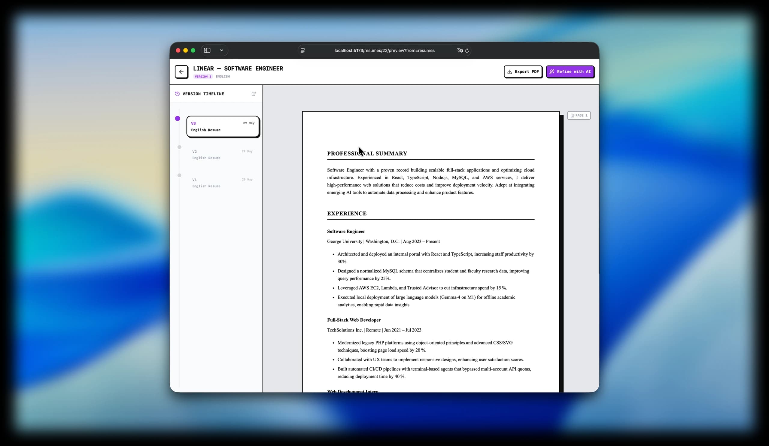 Applyr resume PDF preview with AI refine