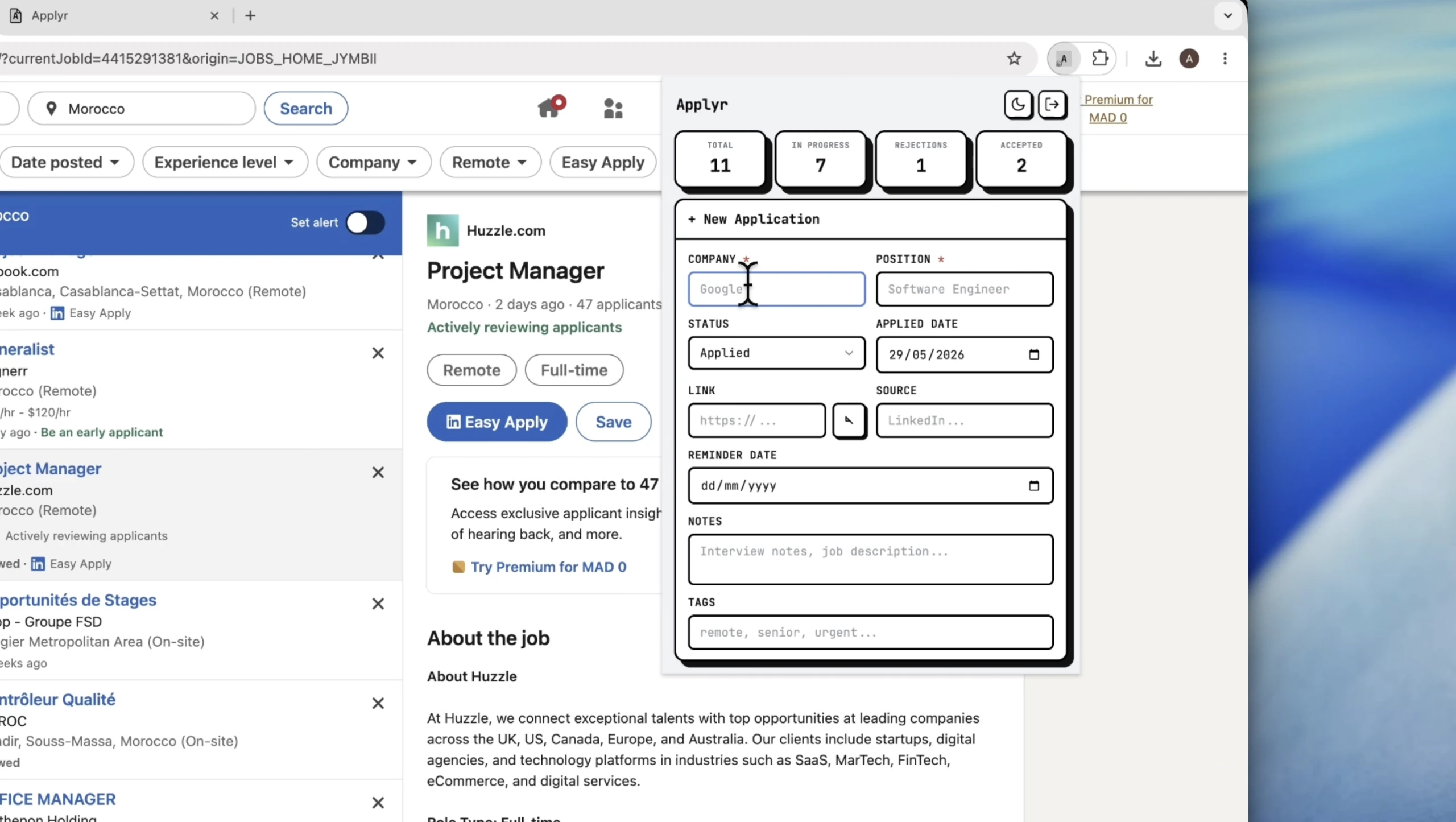 Applyr browser extension capturing a job listing