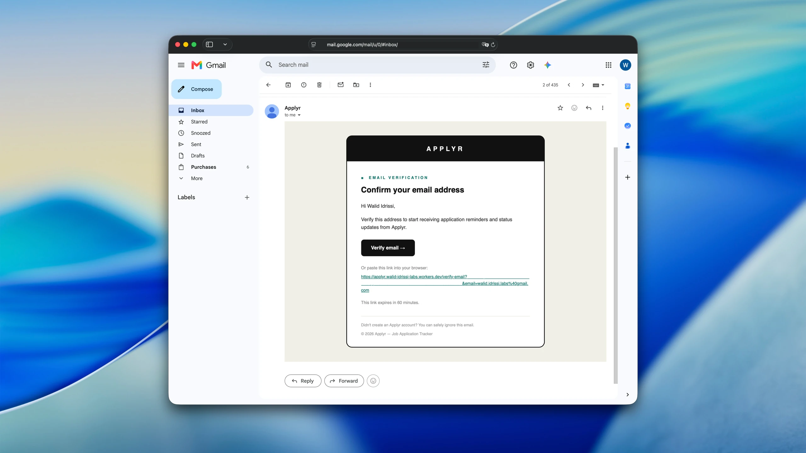 Applyr email verification message