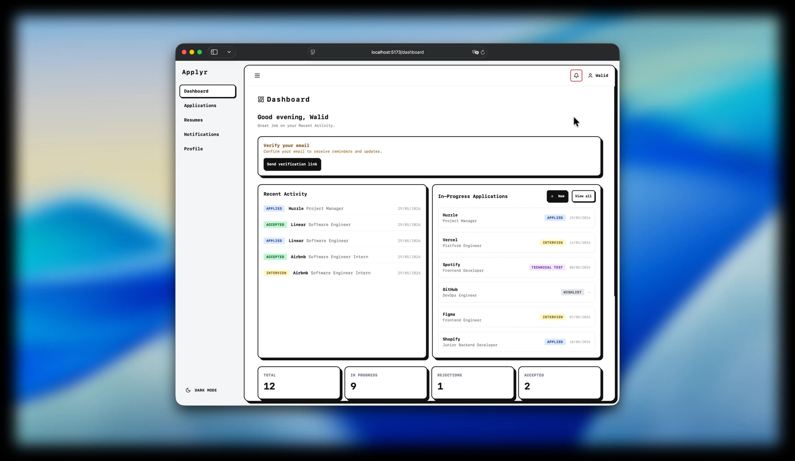 Applyr dashboard overview