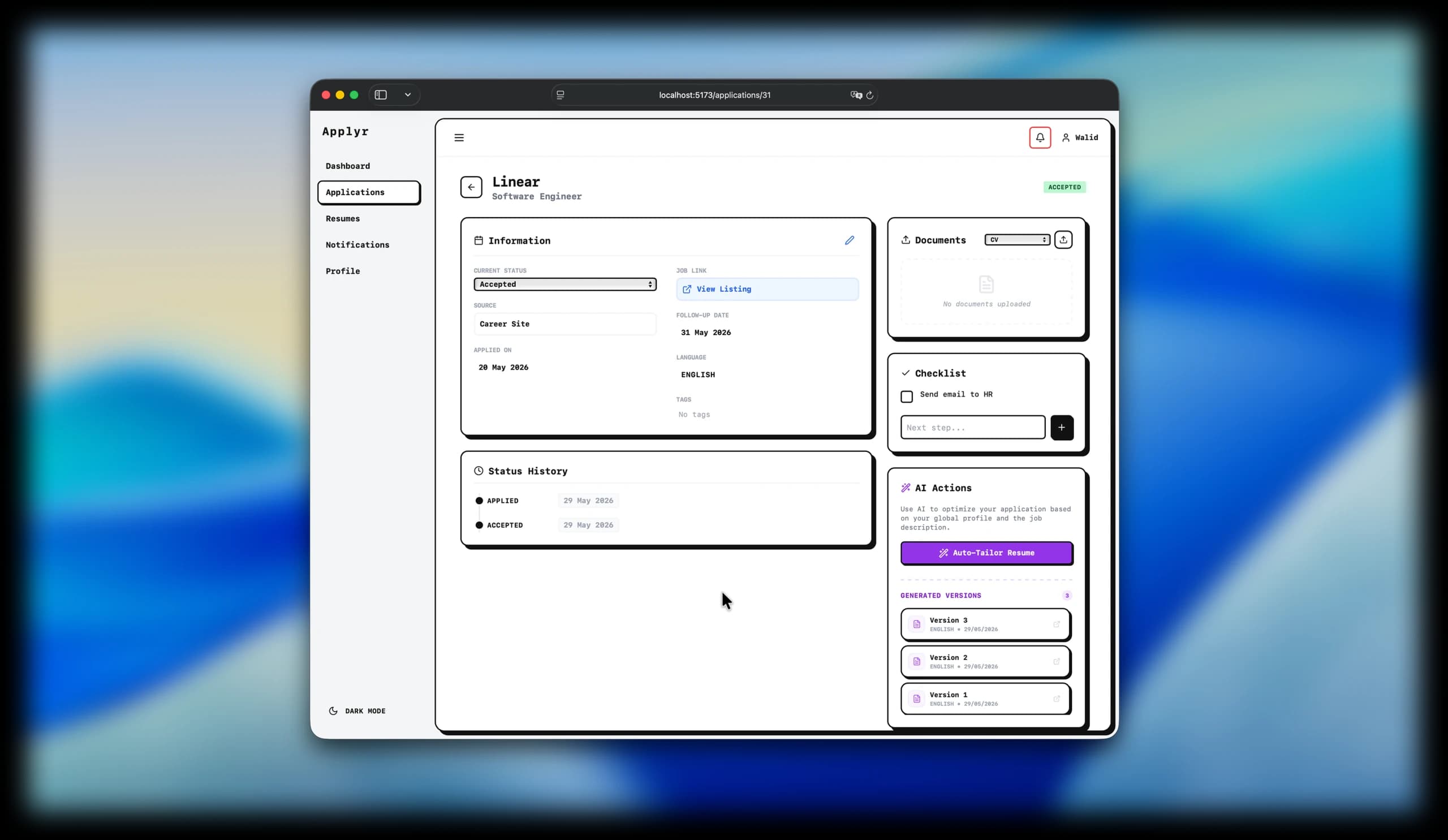 Applyr application detail page