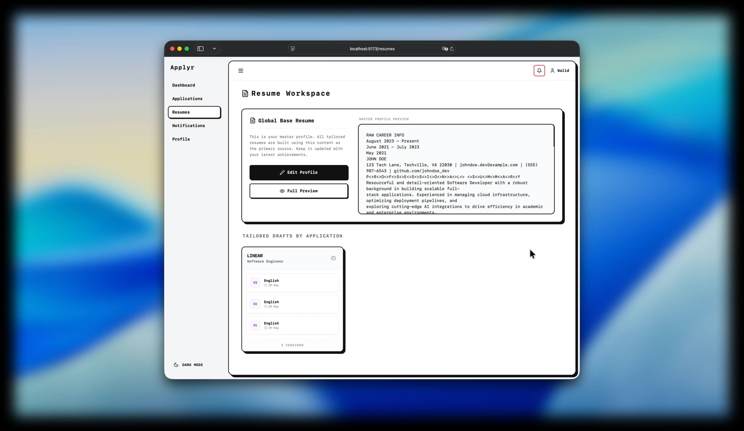 Applyr resume workspace