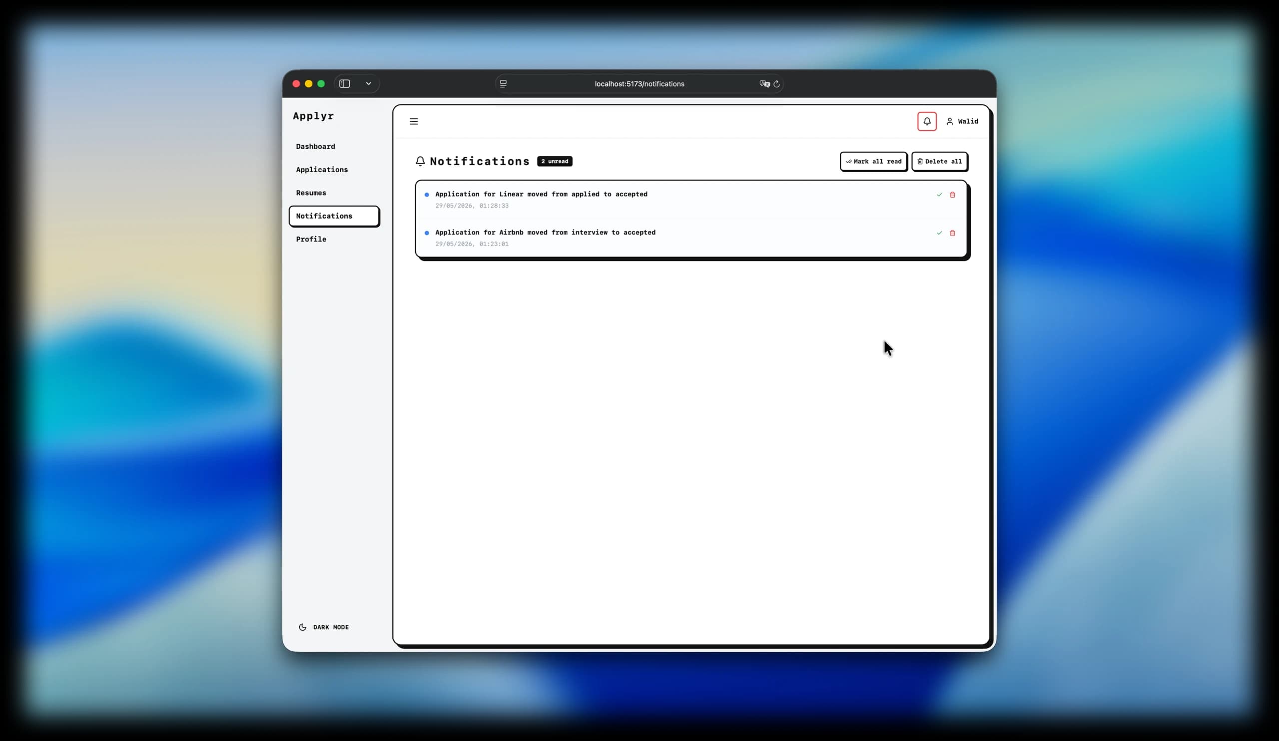 Applyr notifications page