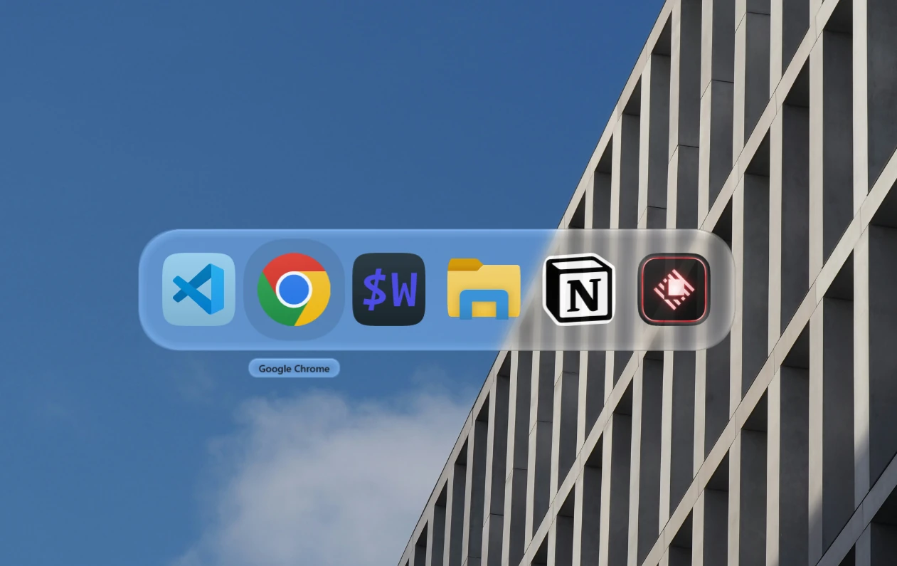 The MacTab switcher panel over a Windows desktop, showing six applications