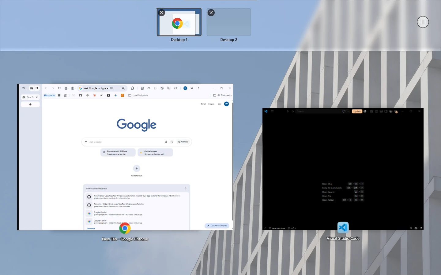 MacTab Mission Control, with windows spread out and virtual desktops along the top