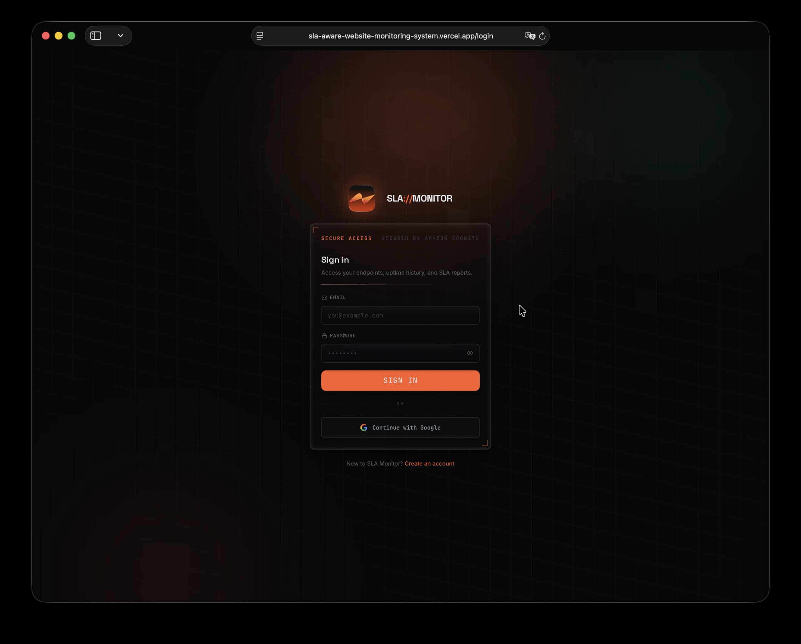 SLA Monitor sign-in secured by Amazon Cognito