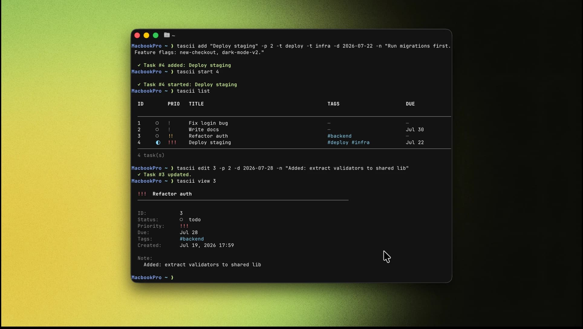 elaborate tascii task creation