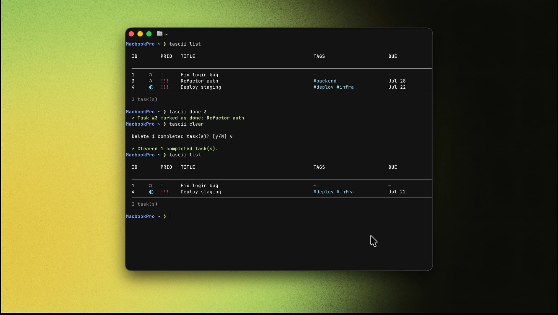 completing and clearing tasks in tascii